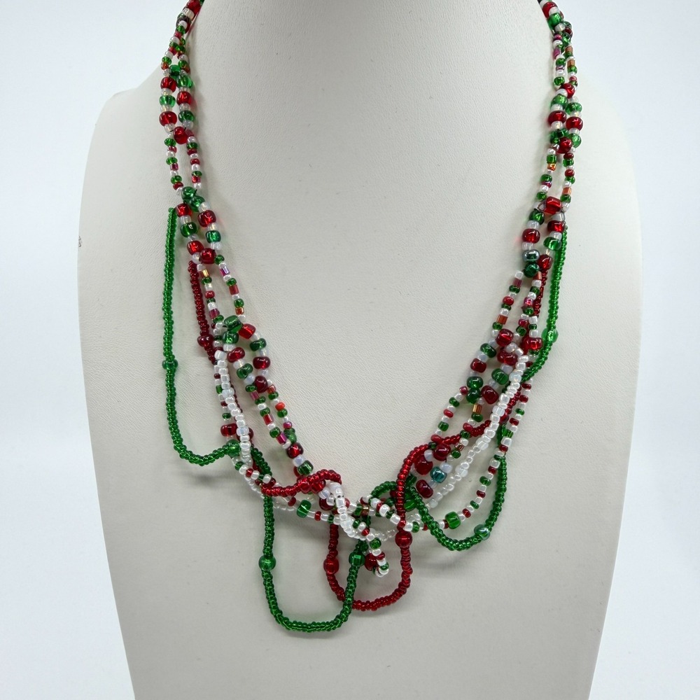 Festive Red & Green Multi-Strand Seed Bead Holiday Statement Necklace